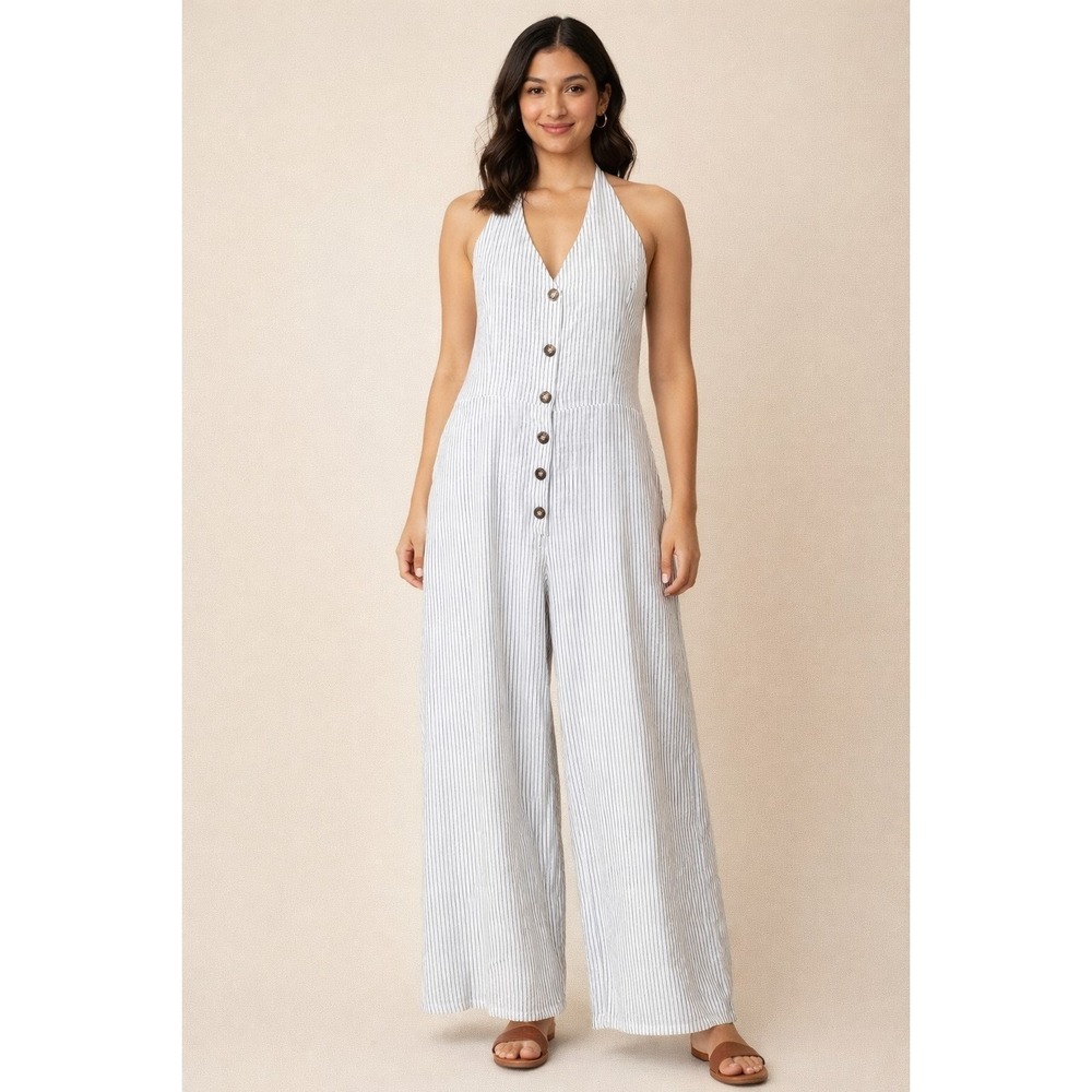 Timing Wide Leg Striped Jumpsuit Halter Neck Backless Summer Cruise‎ Resort Sz L